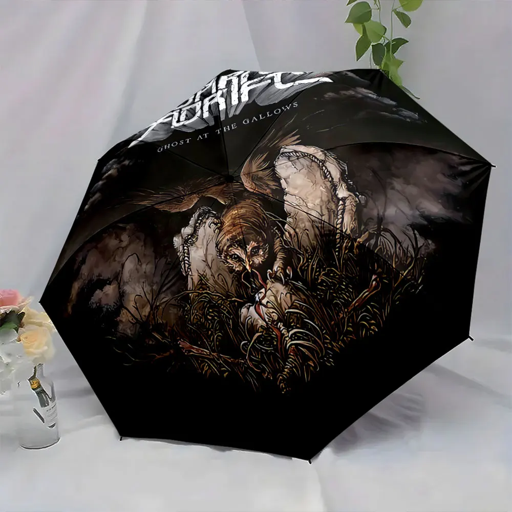 Dark Artwork Umbrella Featuring Owl and Skeleton Motif portable waterproof sun rain umbrella for outdoor travel beach