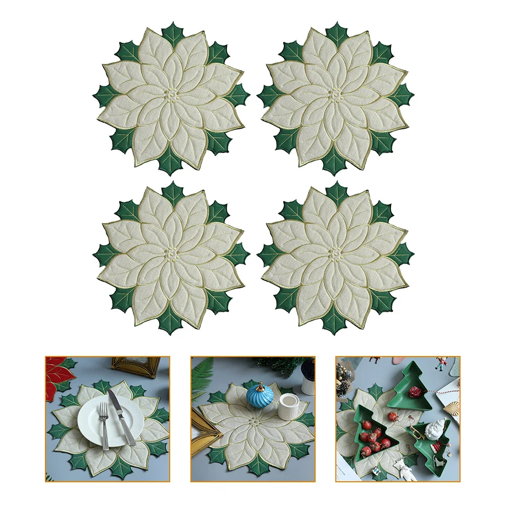

4Pcs Christmas Placemat Embroidered Poinsettia Insulation Table Decoration Reusable Holiday Dining Mat Poinsettia Placemat