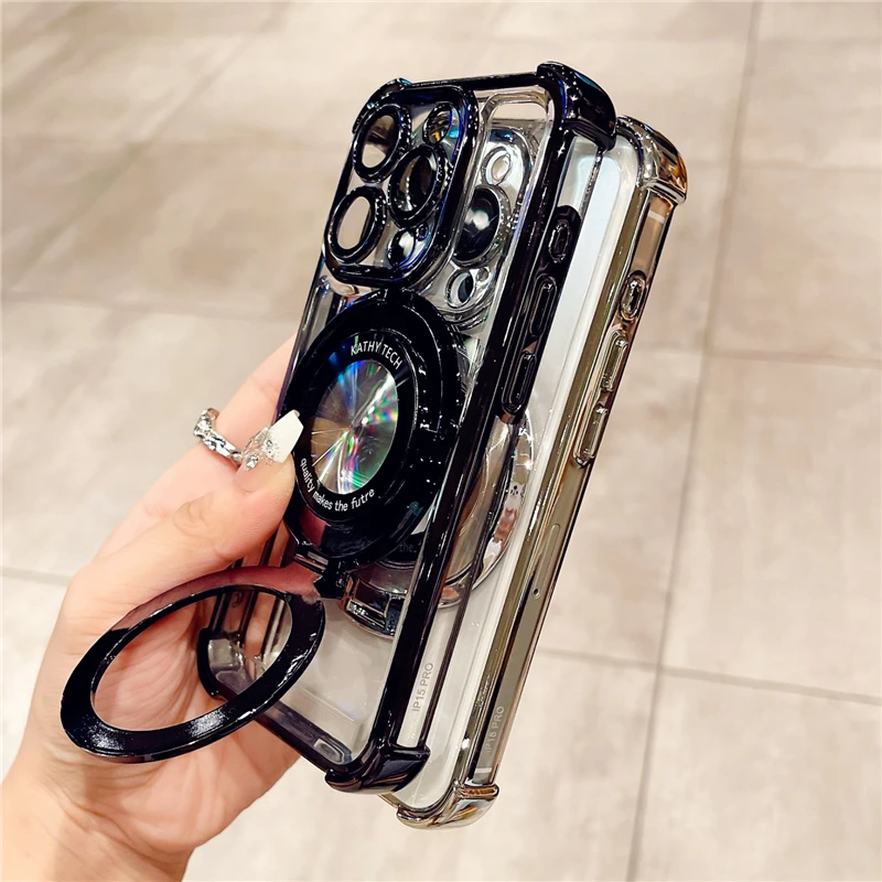 For iPhone 15 Pro Max Luxury Plating Frame Magsafe Magnetic Stand Phone Case For iPhone 11 12 13 14 15Plus Lens Protective Cover