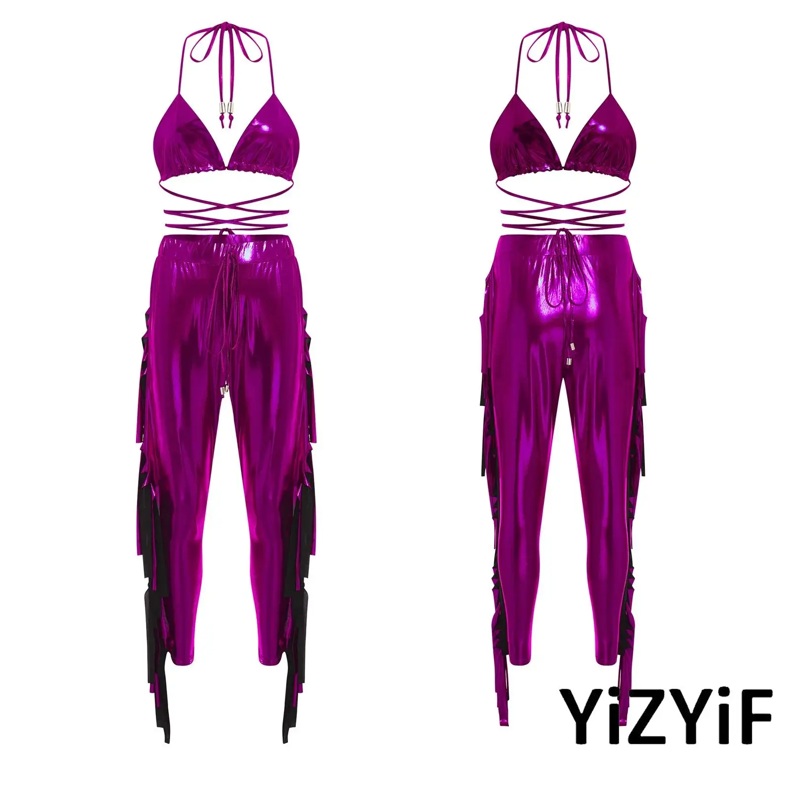 

2Pcs Sexy Womens Pole Dance Costume Metallic Shiny Lace-up Bra Tops And Fringe Jogger Pants Suit Hippy for Club Bar Rave Party