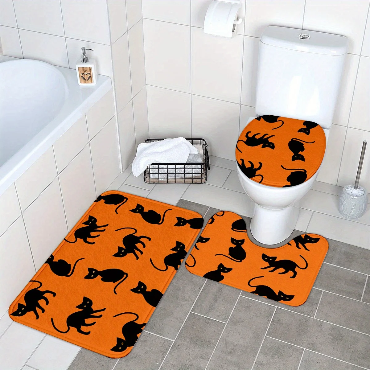 

3 шт. Набор ковриков для ванной комнаты на Хэллоуин — жуткие черные коврики для кошек с нескользящей подложкой, мягкие коврики для ванной, которые можно стирать в машине для туалета, ванны