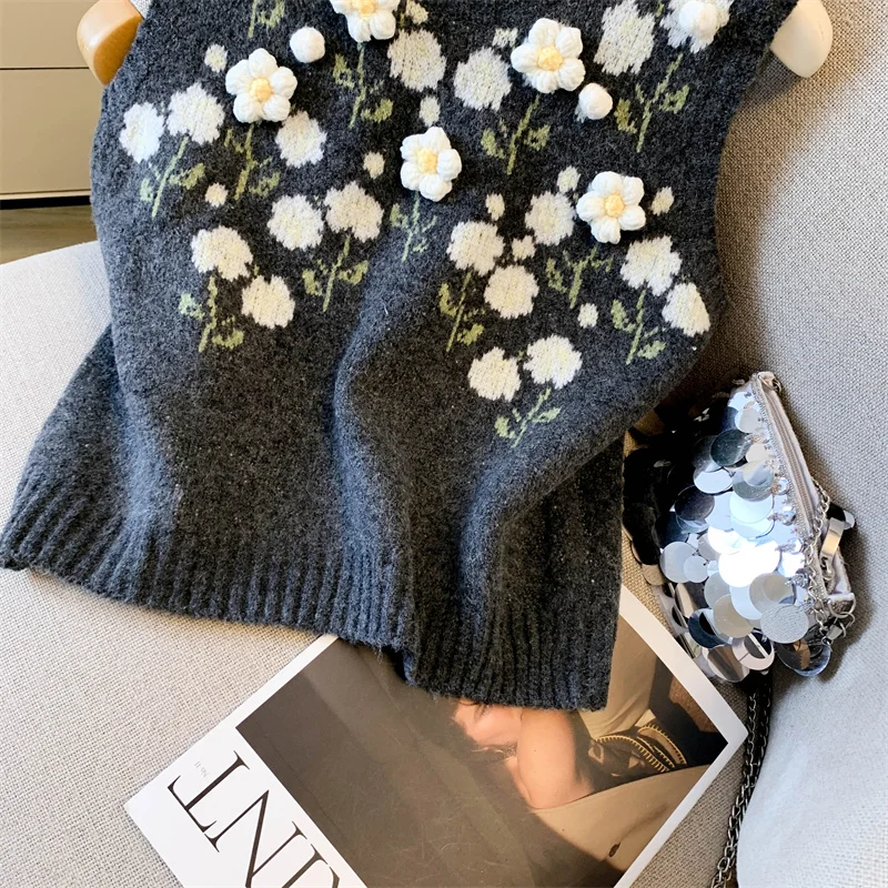 سترة نسائية عتيقة من MEXZT بلوفرات محبوكة مطبوعة هاراجوكو صدرية برقبة دائرية ملابس تريكو شتوية بدون أكمام