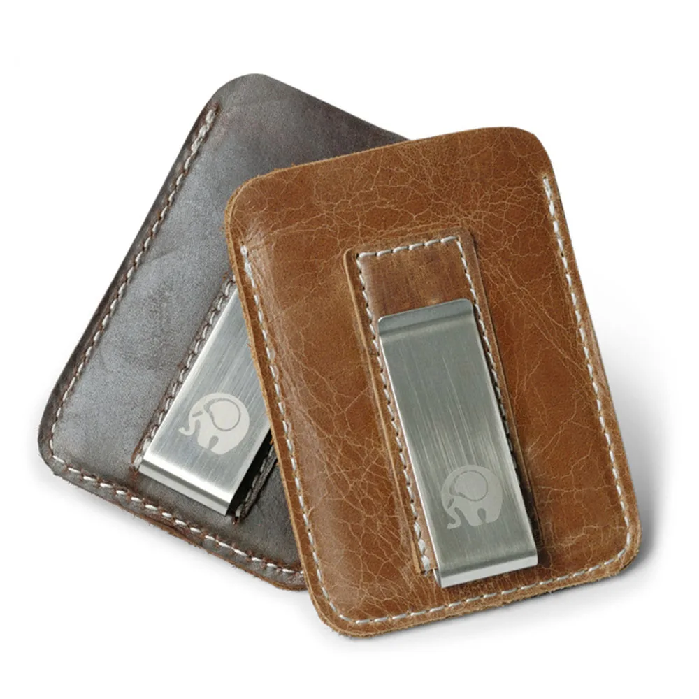 Men Metal Money Clip Genuine Leather Card Holder Cash Clips Thin Billfold Holder Banknote Clip Mini Wallet Purses Brown Black