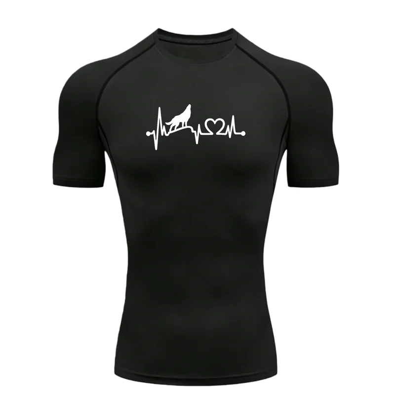 

Мужская спортивная футболка Wolf Howling Silhouette Heartbeat Line 2026, компрессионные топы для тренировок и фитнеса, футболка с короткими рукавами