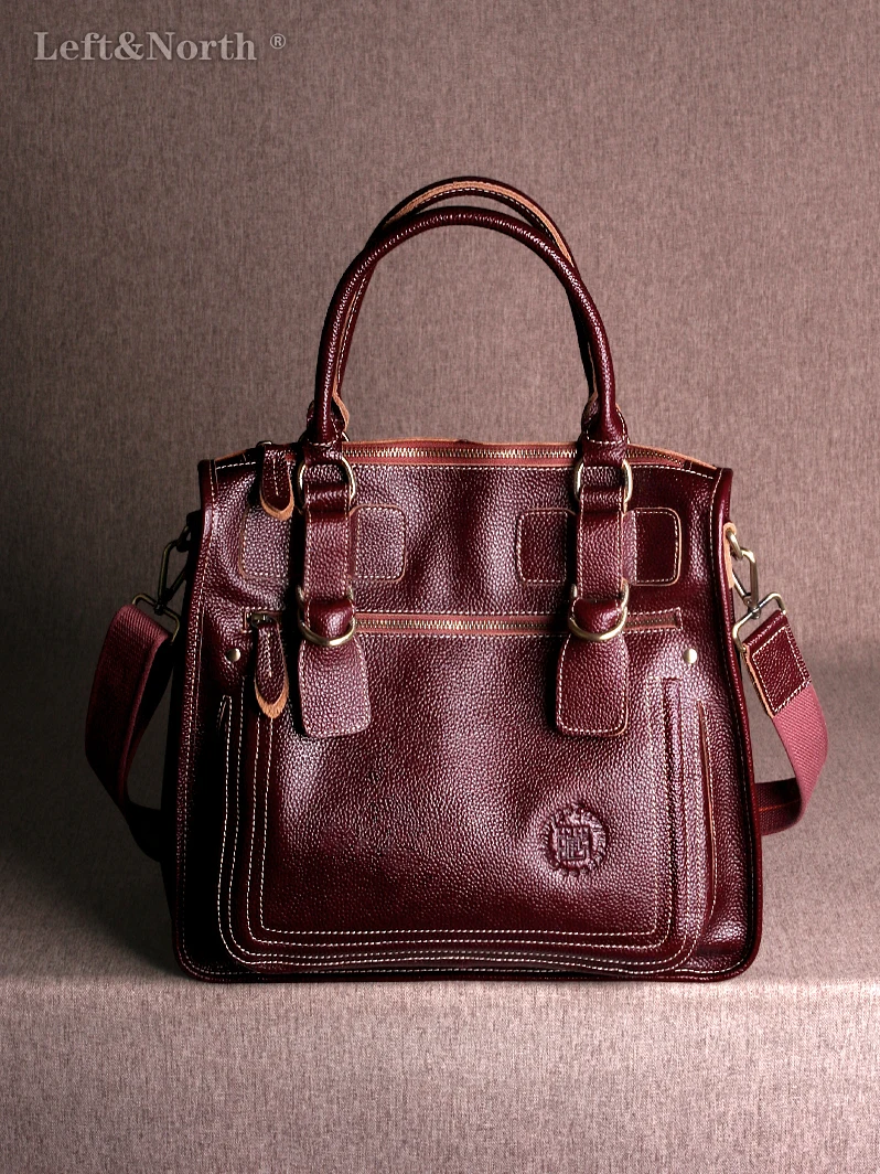 LEFT&NORTH Women's Tote bag 2026 Genuine leather 100% Natural Cowhide Vintage Large size Shoulder bags Briefcase Original brand