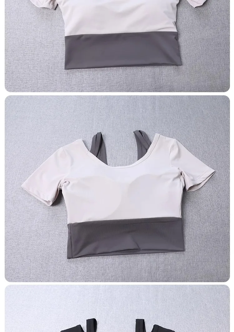 2-in-1-BH mit integriertem BH für Damen, enges Yoga-Oberteil, schnell trocknendes, kurzes Trainingsshirt, Sommer-Fitness-Training, kurze Ärmel – Detail 6