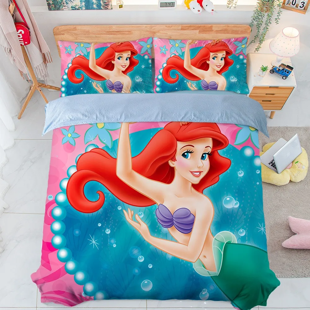 Little Mermaid Bedding Set Disney Princess Quilt Cover Cartoon 3D Printed Ariel Princess Duvet Cover Pillow Bedding Sets