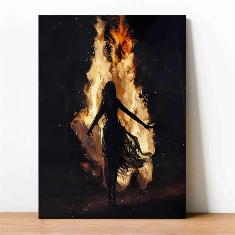 

Gothic Witch Bonfire Canvas Art Print - Halloween Wall Decor, Retro Dark Academia, Unframed, Mystical Wizardry Theme, Home Decor