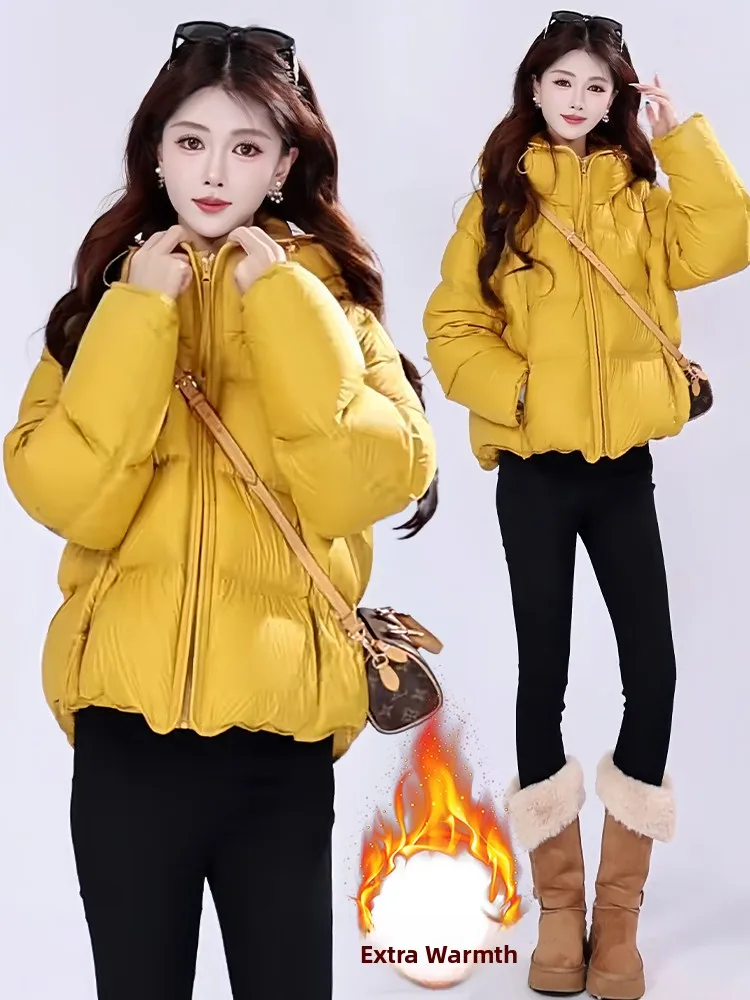 

Thiened Warm Cotton Jaet Women's ort Sle Fce Lined Hooded Bread Bun Coat Korean Version Loose Fit Long Sve Zipper