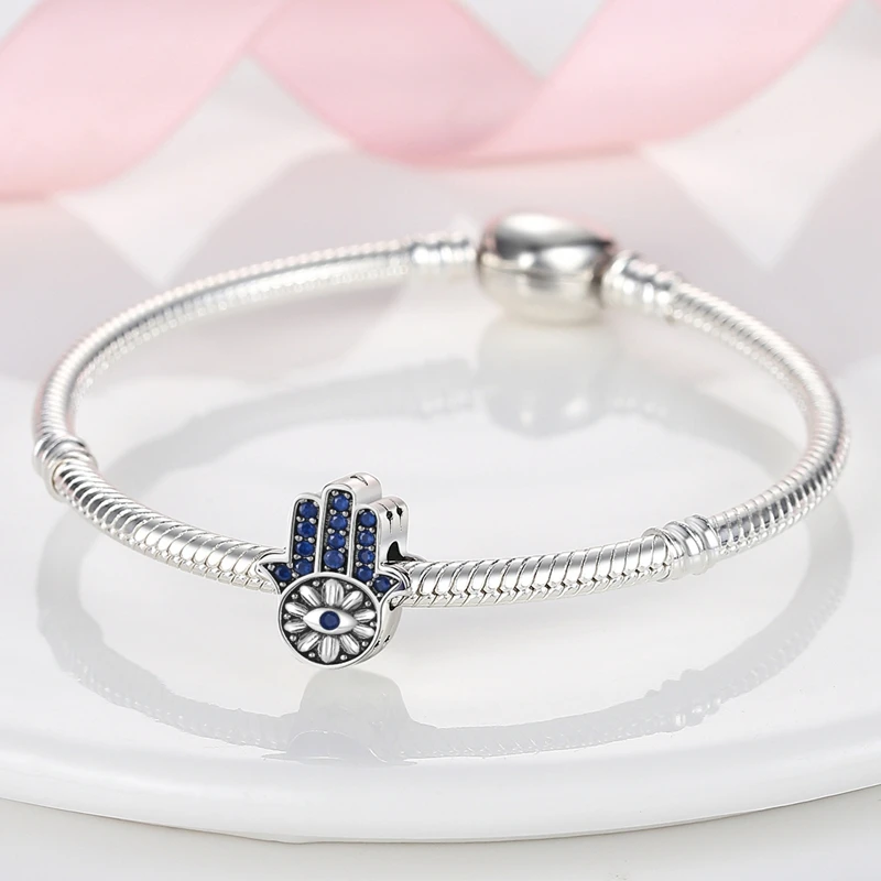 

925 Sterling Silver Charms Bead Zircon Evil Eye Guardian Palm Dangle Fit Original Bracelet DIY Women Jewelry