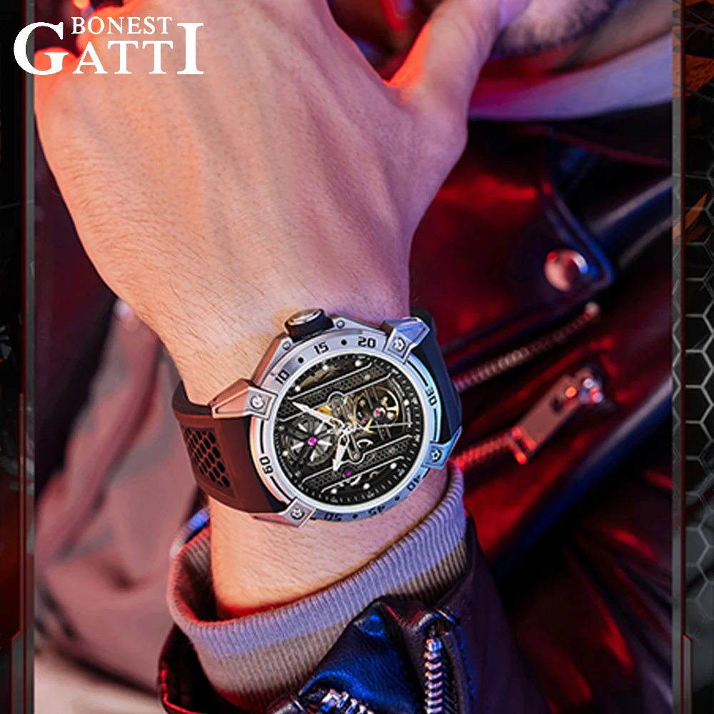 BONEST GATTI Men Automatic Luxury Watches Vintage Mechanical 5Bar Skeleton Sapphire Luminous Rubber Starp German Design - Image 4