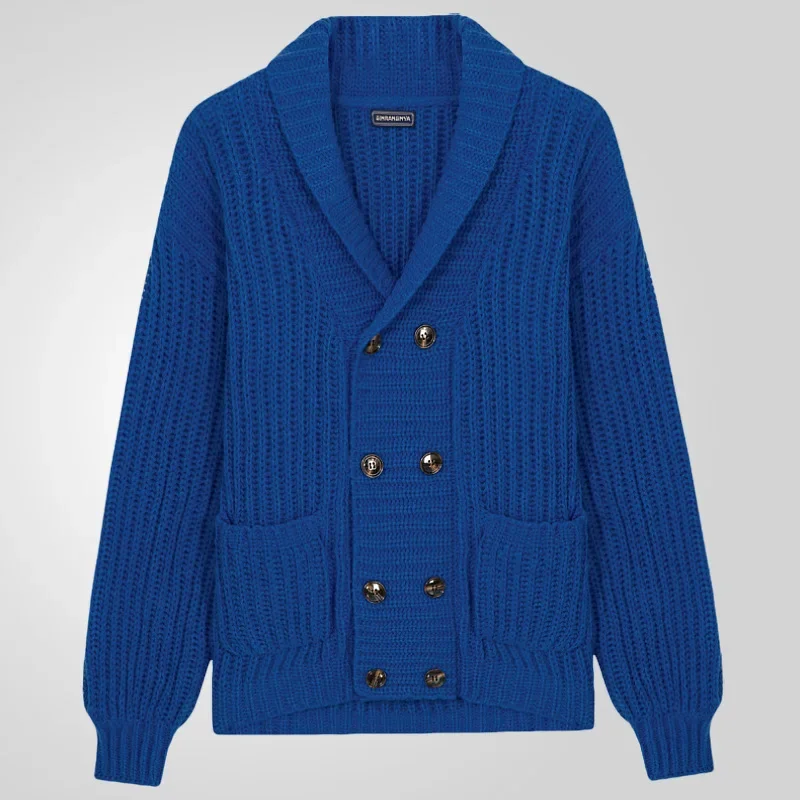 Men Cardigan Open Stitch Sweaters Coat Turn Down Collar Double Breasted Knitted Solid Casual Loose Knit Coats Autumn Winter