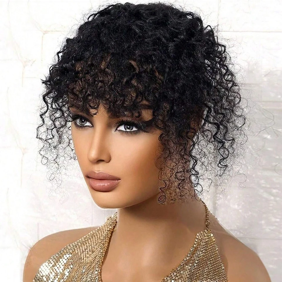 Kinky Curly Natural Black Topper Hair With Bangs Human Hair For Women with Thin Hair Invisible T Part Clip In Hair Extensions