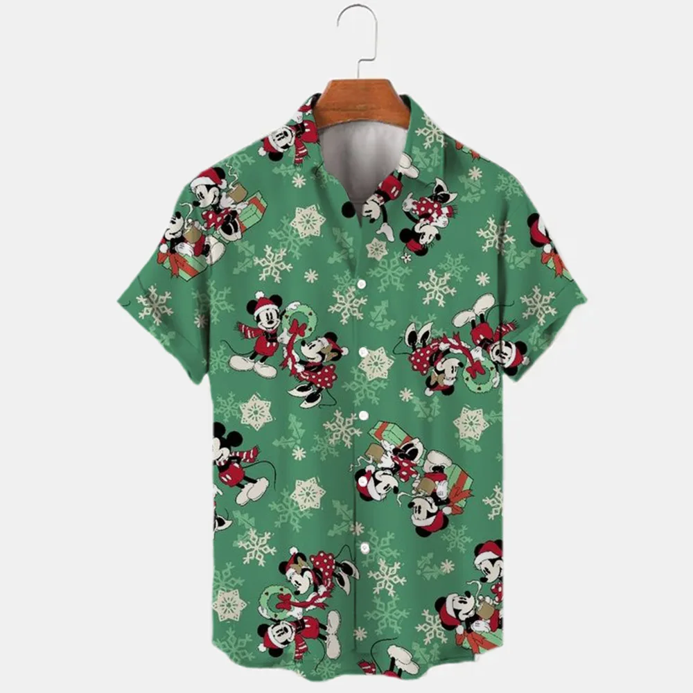 New Christmas Disney Brand Stitch And Mickey Anime 3D Printed Men\'s Lapel Short Sleeve Shirt Harajuku Style Slim Top Y2K