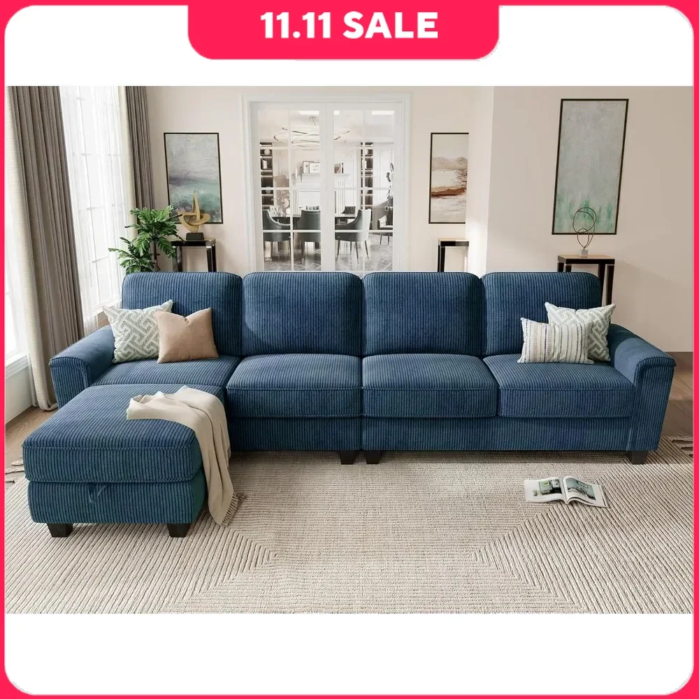 Sectional Sofa with Movable Chaise & Storage Ottoman for Living Room 106” Convertible 4 Seat Convertible Couch