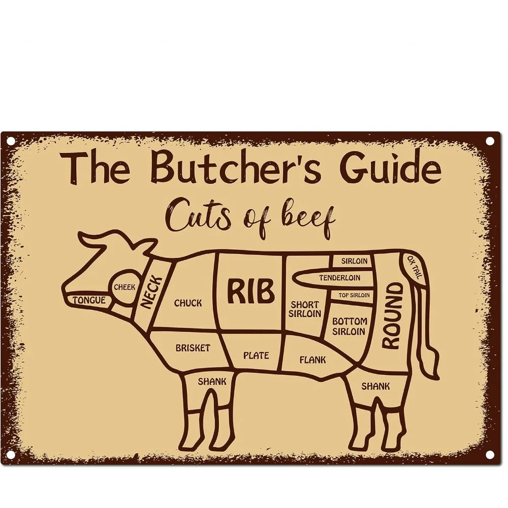 Butcher Guide Signs Tin Plate Cuts of Beef Butcher's Guide Cow Funny Animal Metal Sign Vintage Kitchen Plaque Retro Decoration