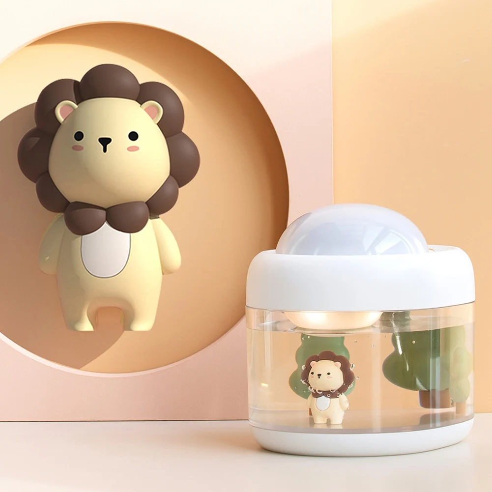 Cute Lion Projection Humidifier Rotating 500Ml Large Capacity Mini Usb Desktop Humidifier for Office (White)