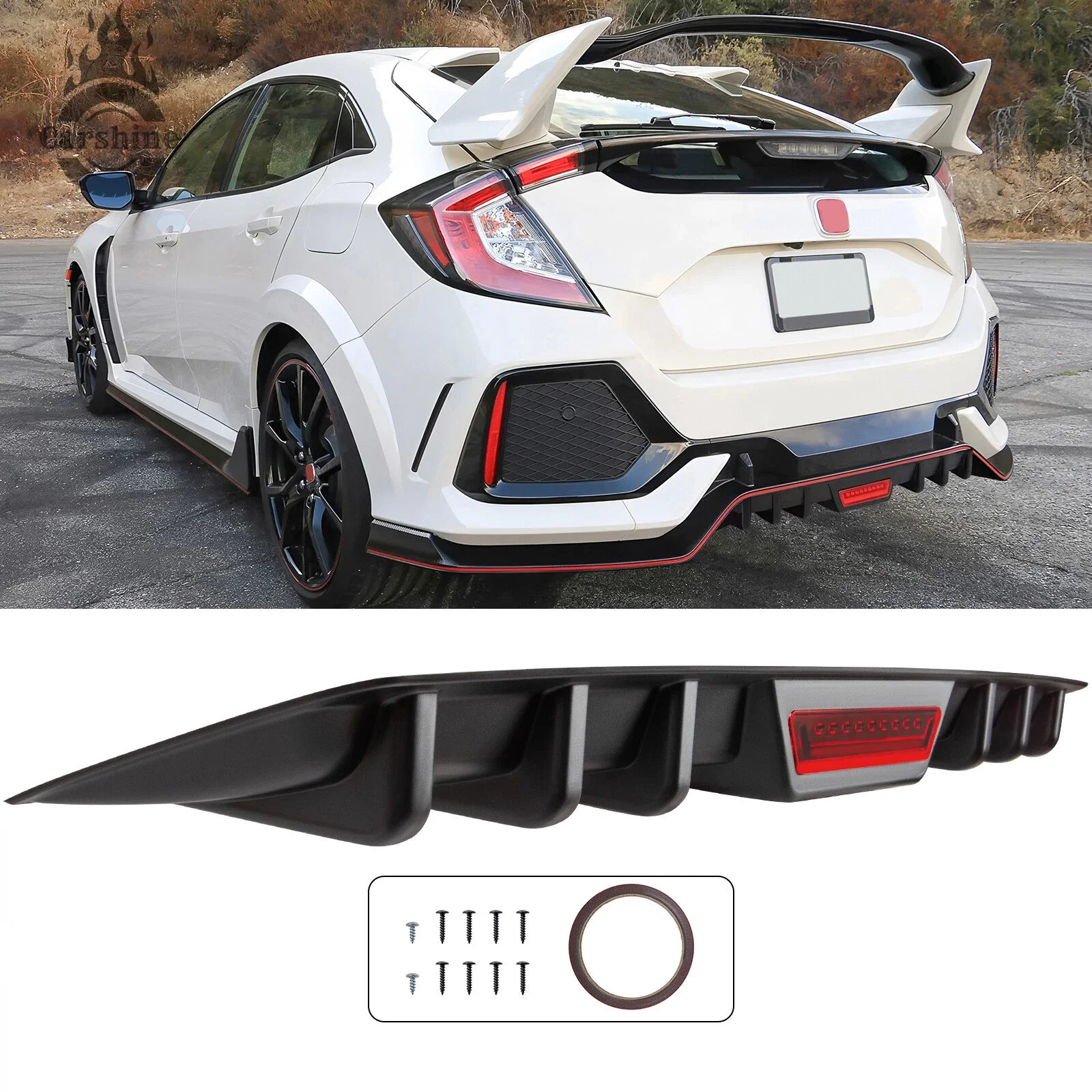 

For Honda Civic Hatchback 2006-2011 Matte Black Rear Bumper Lip Spoiler & Diffuser with Reflective Strips