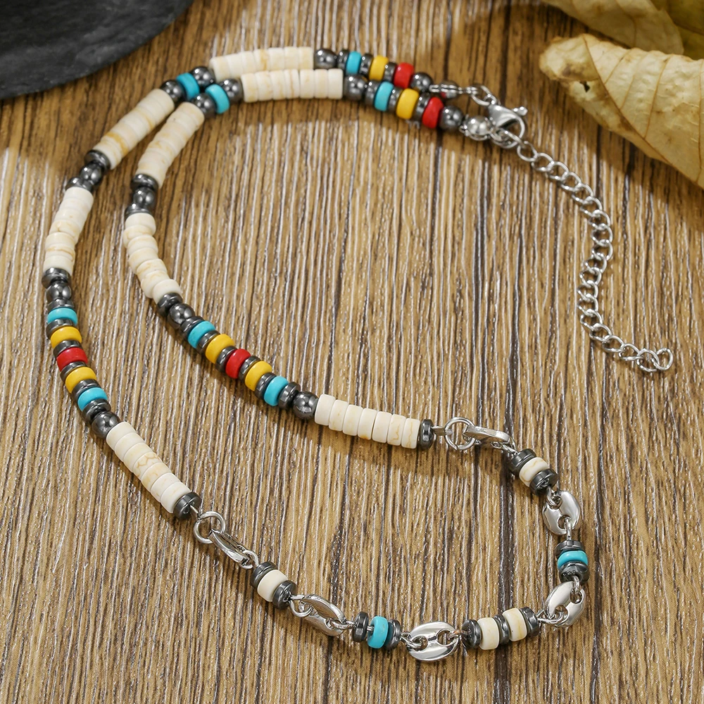 

New Vintage Hematite Beads Beaded Necklace for Men Multicolor Rice Beads Chokers Double Layer Bracelet Handmade Jewelry Gift