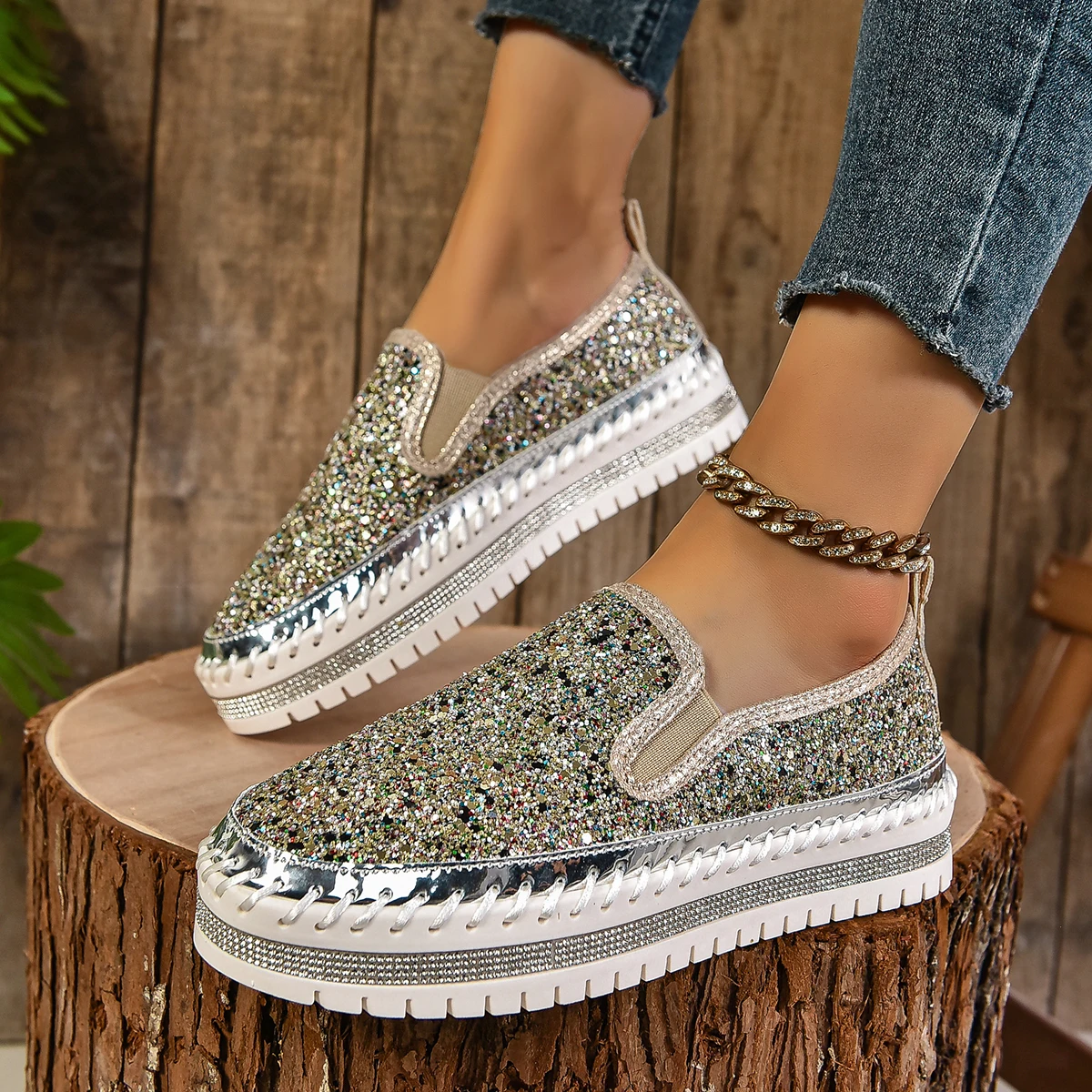 Luxury Designer Shoes Ladies Flat Sequined Sneakers Casual Women\'s Mesh Lace-up Fine Diamond Sequins Platform Vulcanized Shoes