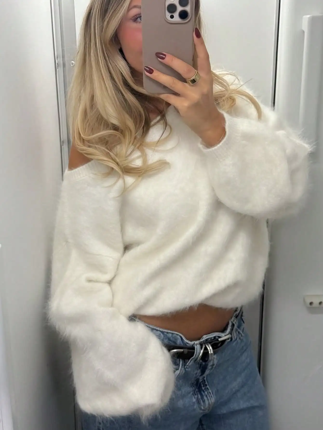 

Women's Fluffy Off-Shoulder Knit Sweater, Long Sleeve Loose Fit White Pullover for Casual Winter Holiday Wear