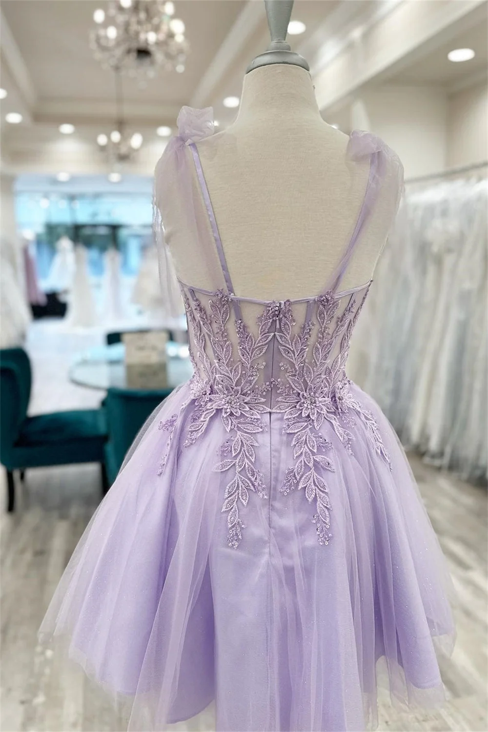 Amanda Lavender Tulle Prom Gown Bow Strap Sweet Heart Neck Evening Formal Elegant Sleeveless Short Party Dress for Women 2024