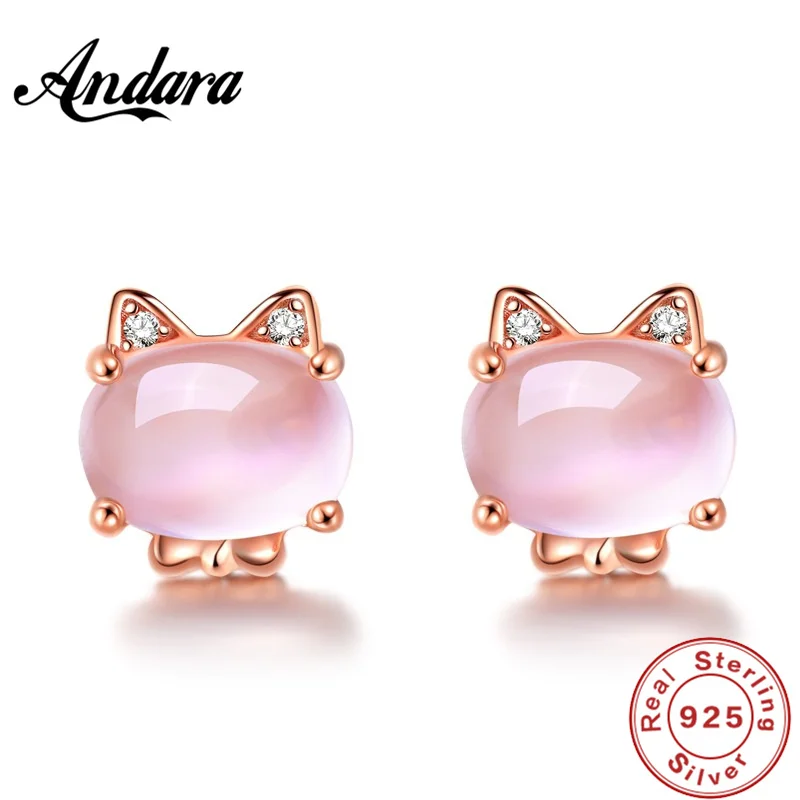 S925 Sterling Silver Stud Earrings Women's Pink Crystal Kitten Earrings Rose Gold Hibiscus Stone Women Charm Wedding Jewelry