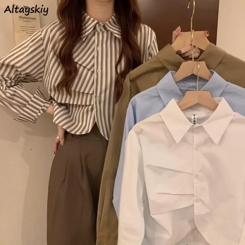 

Shirts Women Folds Design Vintage Office Ladies Korean Style Fashion Spring Casual All-match Elegant Long Sleeve Tender Ulzzang