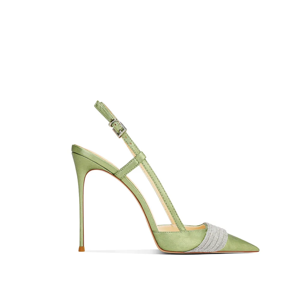 Spring New Women's Pointed Toe Thin Heel High Heels Open Back Fashion Sandals with Rhinestones Elegant Style