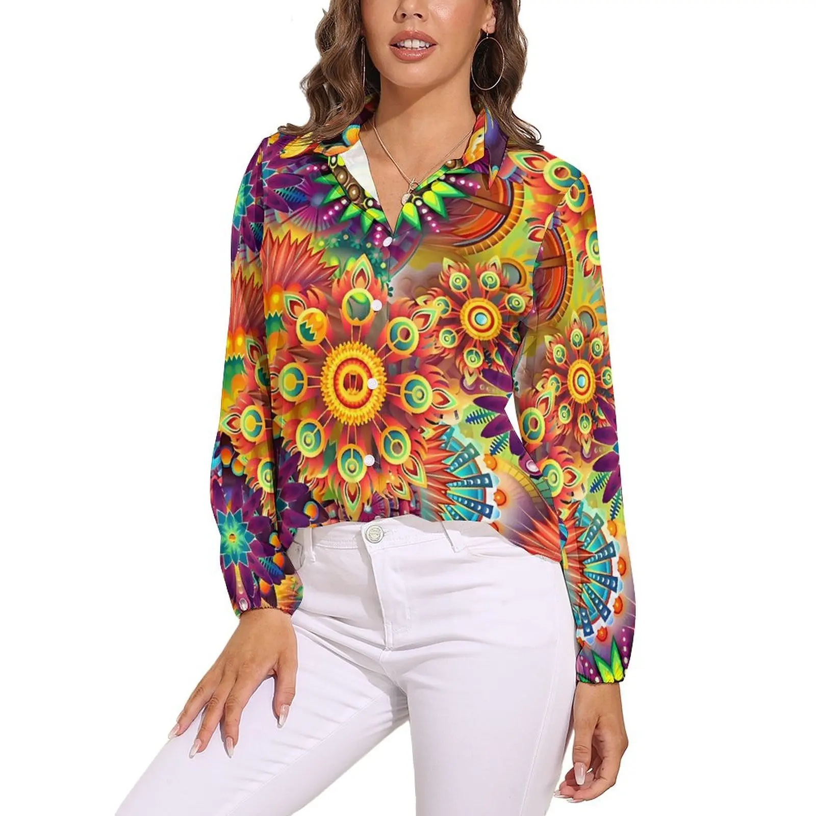 Psychedelic Retro Hippy 70s Flower Power Blouse Long Sleeve Cool Blouses Women Casual Oversized Shirts Top Birthday Present