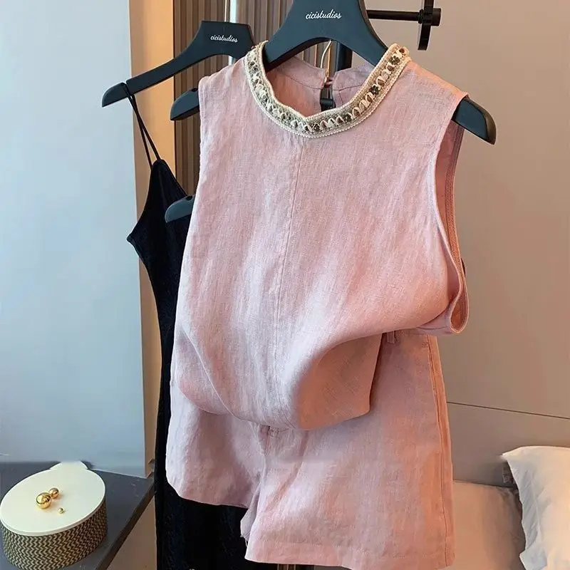 

Summer Elegant Women Cotton Two-Piece Set Vintage Beading Sleeveless Top And High Waisted Shorts Casual Holiday Outfit N861