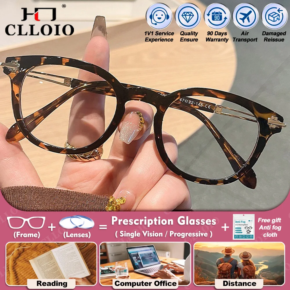 

CLLOIO Fashionable Women Round Frame Myopia Prescription Optical Glasses Anti Blue Ray Photochromic Progressive Reading Eyeware