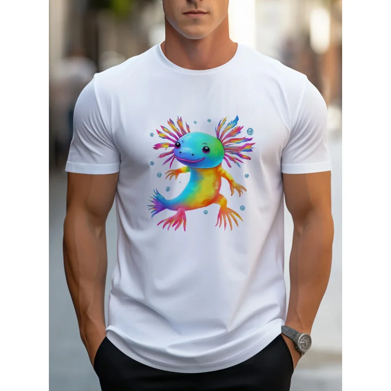 

Men's T-Shirt White Colorful Axolotl Printed Pattern High Quality Cotton 180g