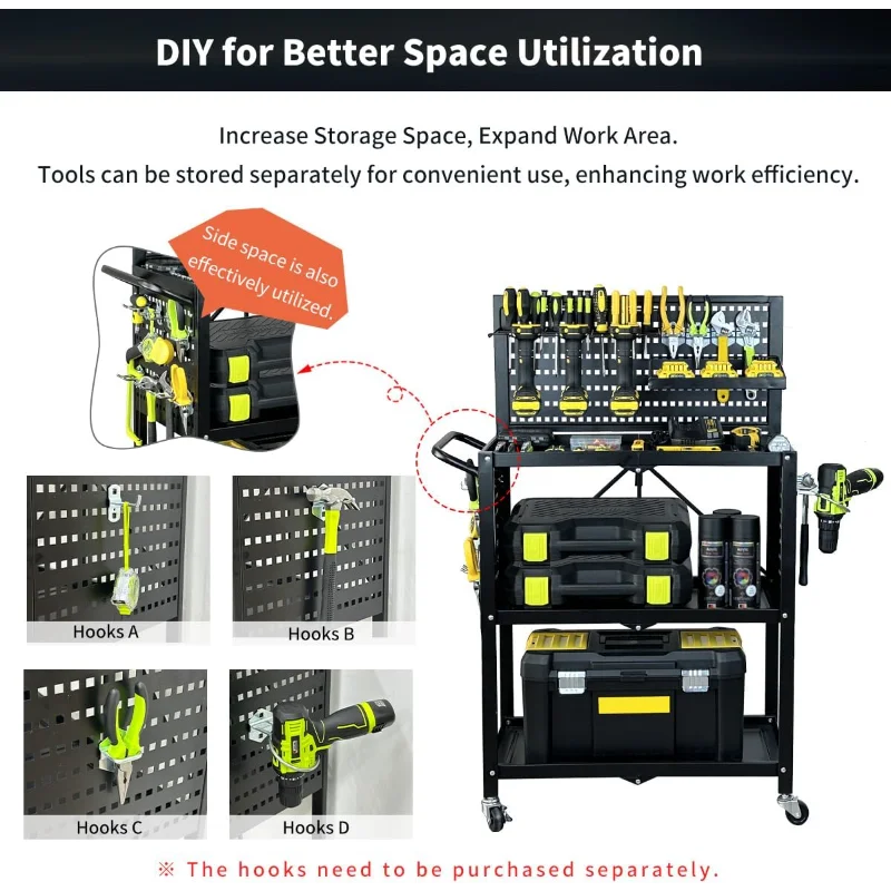 lumizone Tool Cart Hook Set A 3-Tier Foldable Tool cart on wheels DIY Use Tool organization Storage Mobility Transport