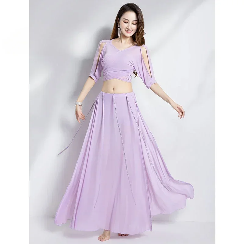 Belly Dance Clothing for Women Mesh Pearls Sleeves Top+long Skirt 2pcs Girl Oriental Costumes Set Female Practice Wear Outfit