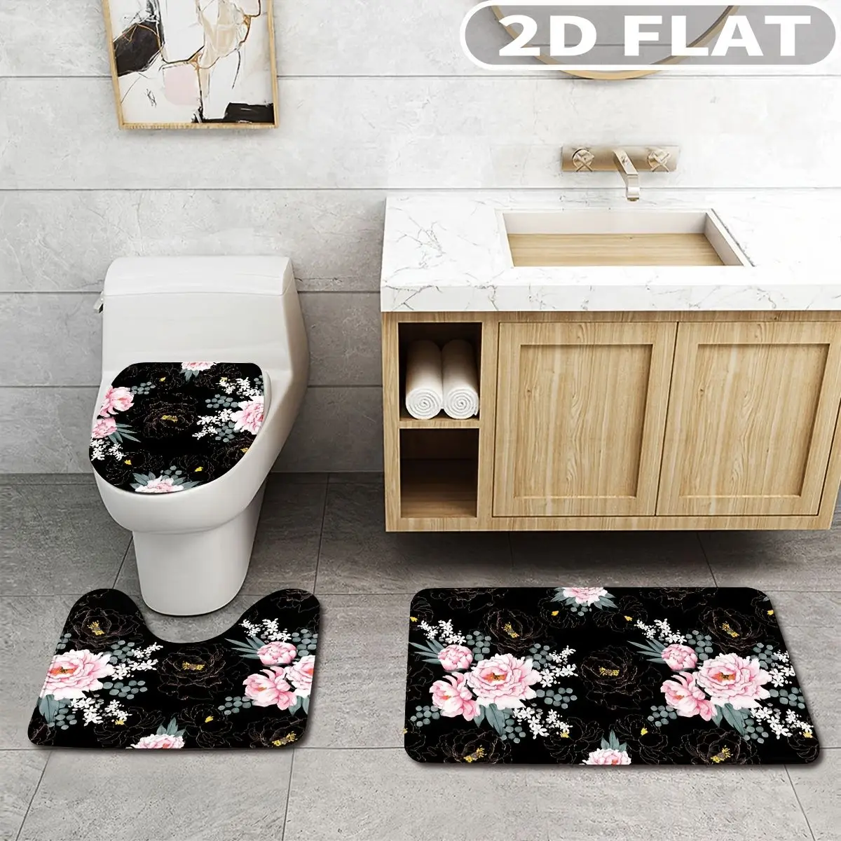 

3pcs Bathroom Rug Set Black Background Pink Roses White Flowers Gold Accents 3pcs Bath Mats Set for Bathroom Non-Slip Cover