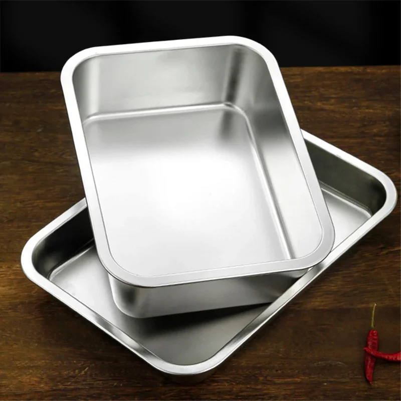 Thicken Stainless Steel Serving Tray with Lid Rectangle Metal Food Storage Plates Dish Cake Buffet Organizer Kitchen Container