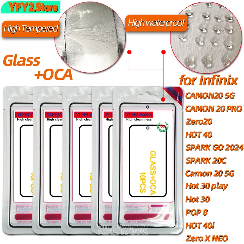 10Pcs Glass +OCA AAA LCD Front Screen Outer Lens With OCA Film For Infinix SPARK GO 2024 SPARK 20C Hot 30 play HOT 40 POP 8 Zero