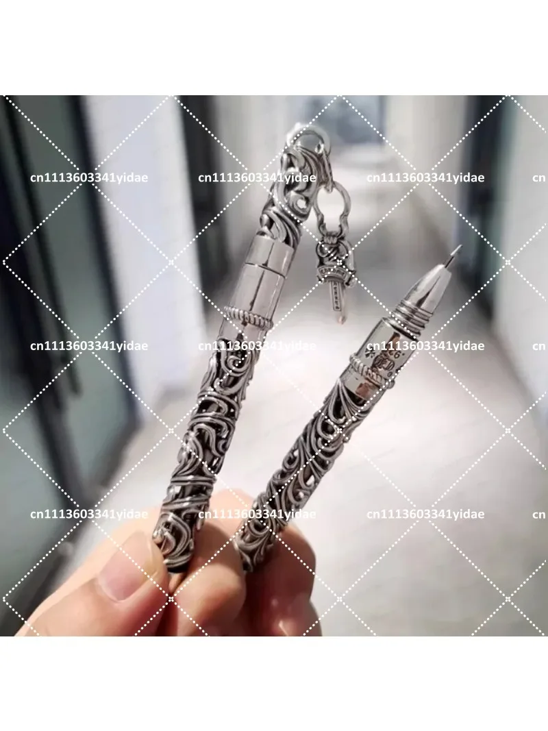 925 Silver Hollow Cross Engraved Metal Ballpoint Pen, European Court Style Signature Pen Gift