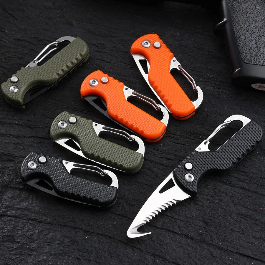 Outdoor Camping Portable Folding Knife Multifunctional Serrated Hook Knife Stainless Keychain Survival Cutter Tool Box Opener