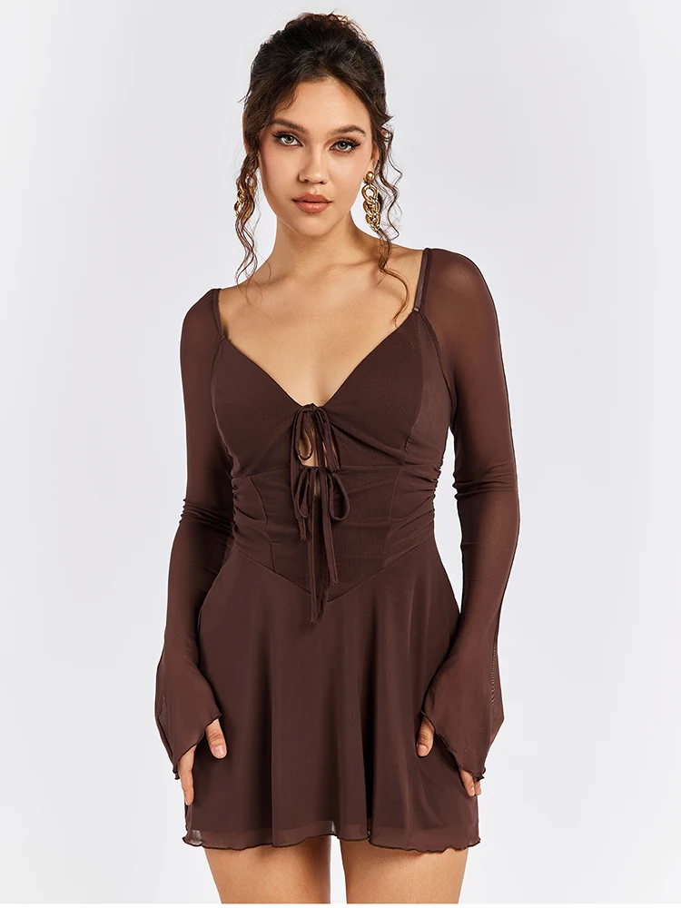 NewAsia Spring Autumn Sexy Hollow Out Bandage Mini Dresses Women Solid Empire Slim Vestidos Fashion Party Club Full Sleeve Dress