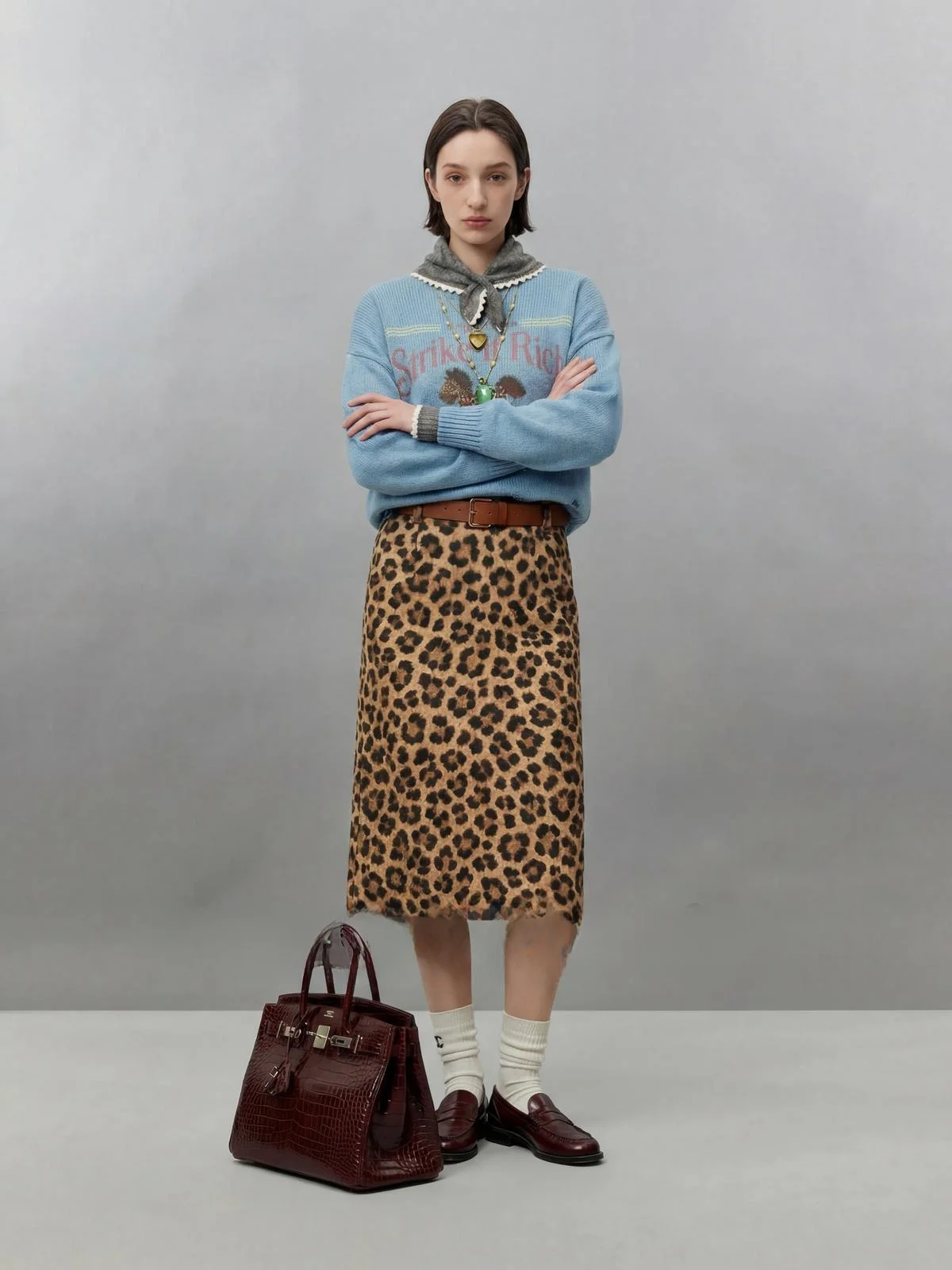 

Blue Knitted Loose Sweater Women's Spring New Sle U×LAB Rich Print Uncle Loose Fit Long Sve Top