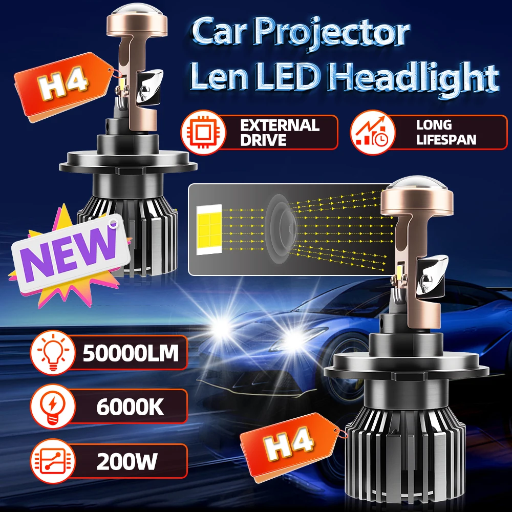 

H4 H7 H11 9005 9006 LED Headlight Ampoule Canbus 200W Turbo 50000LM With Projector Lens 12V External Drive 6000K Long Lifespan