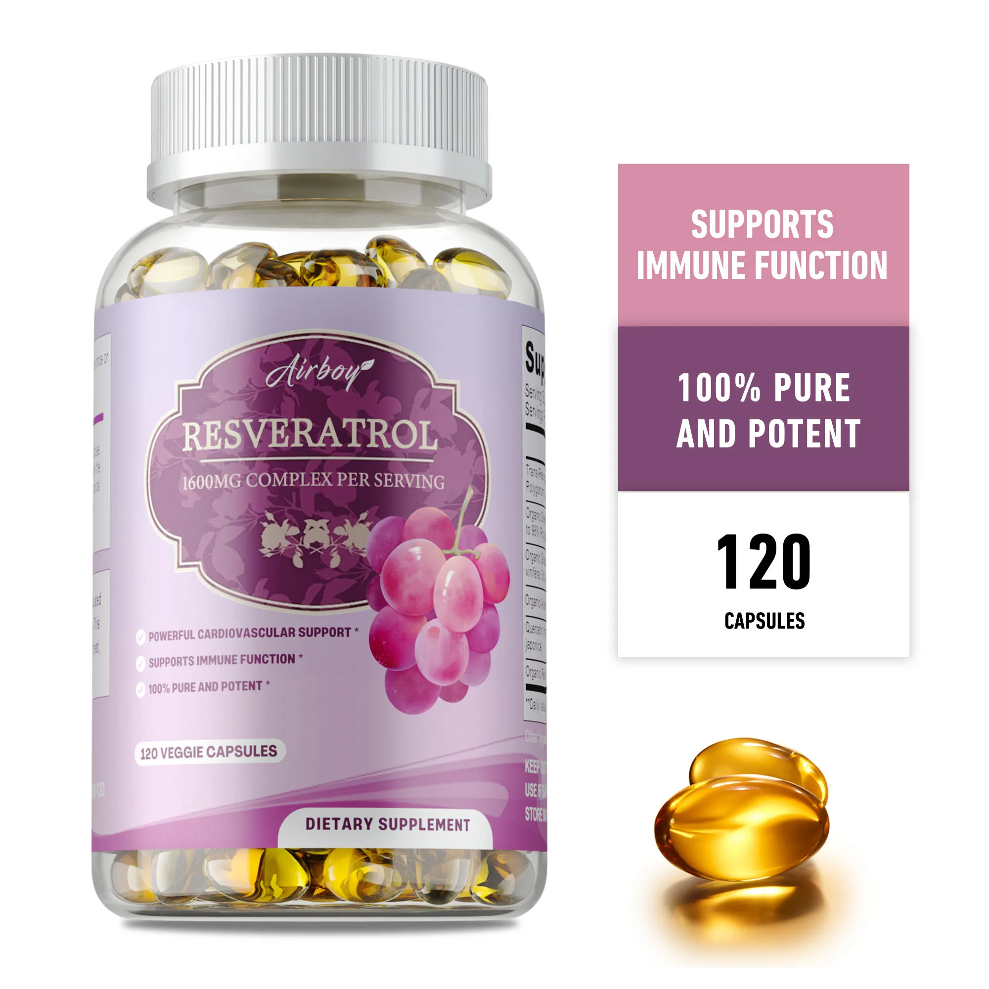 

Капсулы Resveratrol — антиоксидант, антивозрастной, гладкая кожа, способствует здоровью клеток кожи, улучшает функцию мозга, повышает иммунитет