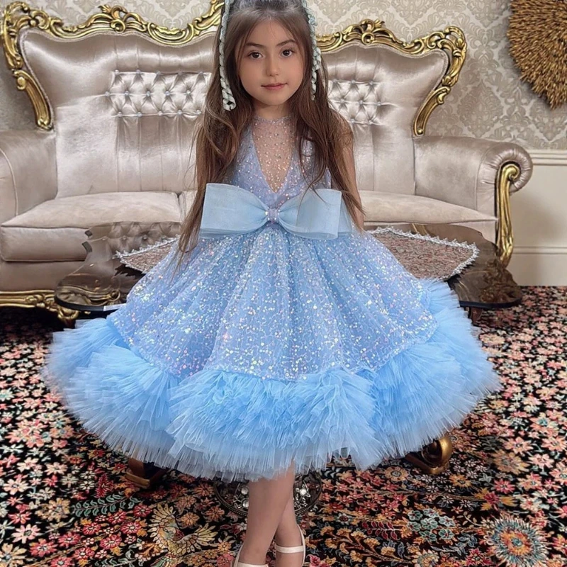 Children Girls Formal Style Tutu Little Host Model Performance Pageant CostumeDress Blue Sequin Fashion Elegant Kids Princess