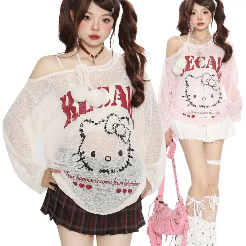 サンリオ ファッション カバーアップ ハローキティ 長袖 カバーアップ オフショルダー 日焼け防止 女性 ビーチ 休暇 大きいサイズ カバーアップ