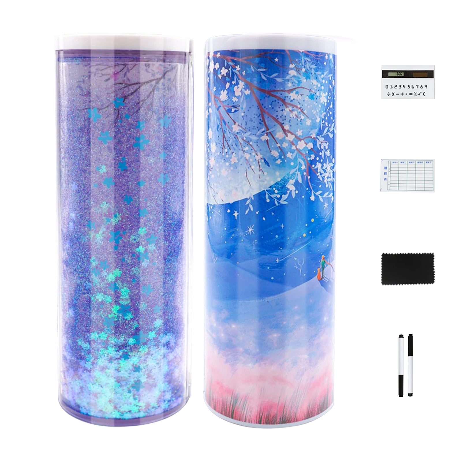 NBX Pencil Cases Multifunctional Standing Quicksand Pencil Case Organizer Double Layer Cylindrical Cute Pen Bag Holder & Mirror