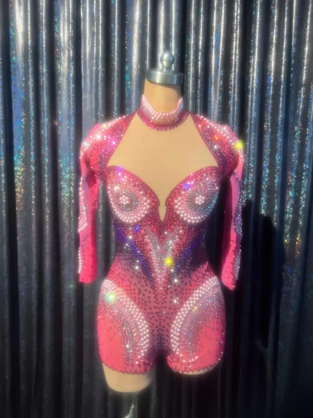 

Rhinestone Stunning Gogo Dancer Stage Wear Women Romper Perform ShowGirl 2024 New Sexy Bodysuits Sheer Drag Queen Outfit