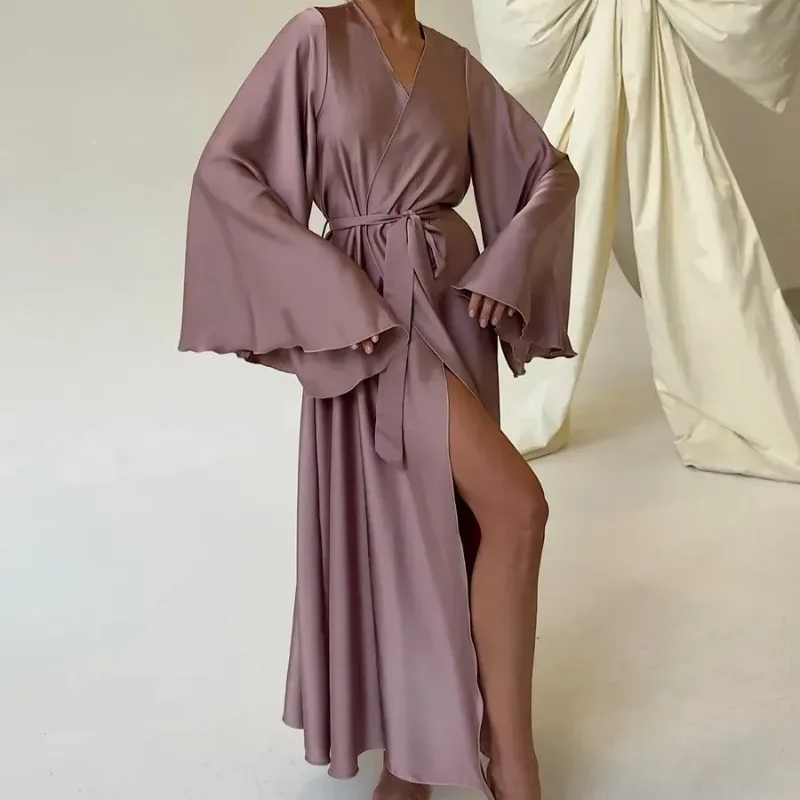

Women's Long Sleeve V Neck Soft Faux Silk Robe with Belt French Luxury Banquet Flowy Sleeves Elegant Sleepwear