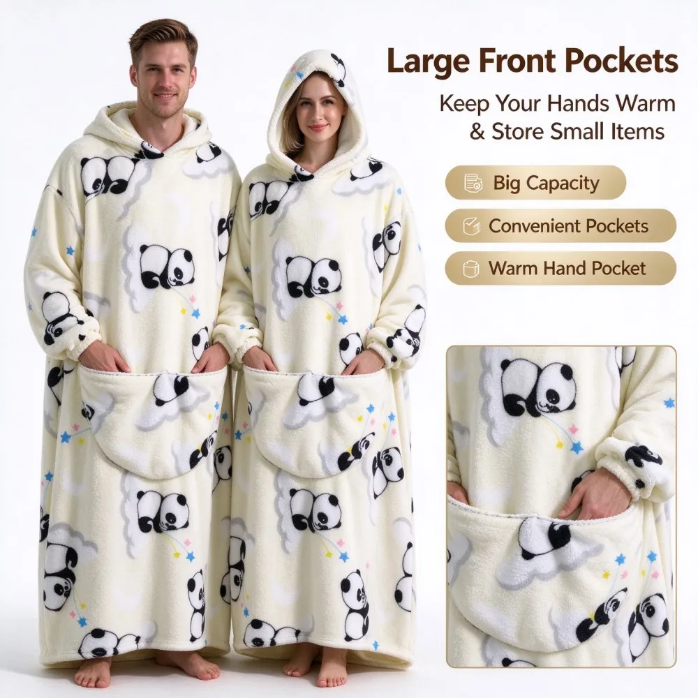 Wearable Blanket Hoodie Oversized Flannel Couple Sweatshirt Blanket Cute Cartoon Animal Print With Big Pocket Winter Home Wear